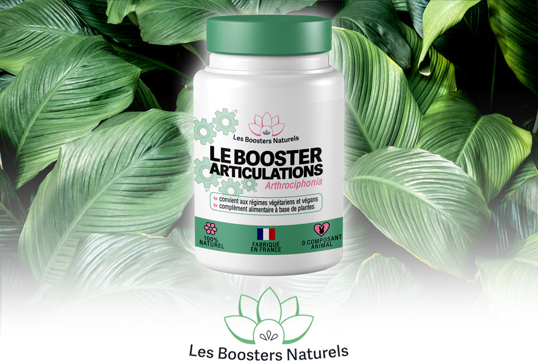 Flacon du Booster Articulations des Boosters Naturels, complément alimentaire naturel et vegan, fabriqué en France, idéal pour une cure de 1 mois afin de soutenir la mobilité articulaire et réduire les douleurs