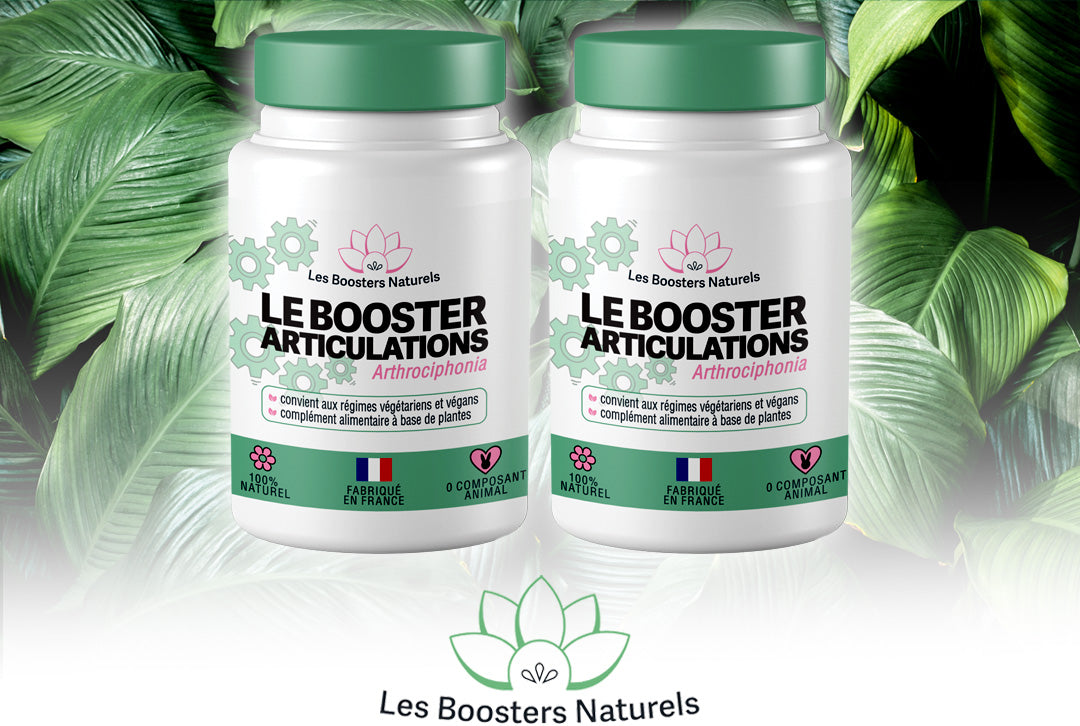 Deux flacons du Booster Articulations des Boosters Naturels, complément alimentaire naturel et vegan, fabriqué en France, parfait pour une cure de 2 mois visant à améliorer la flexibilité et soulager les articulations douloureuses