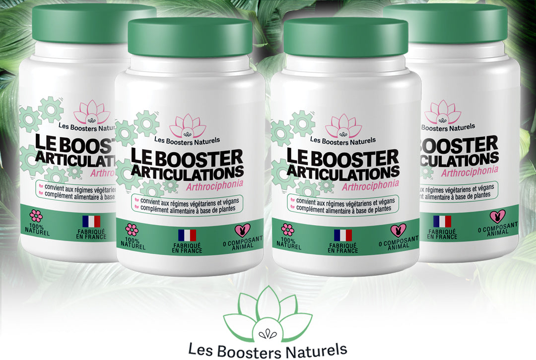 Quatre flacons du Booster Articulations des Boosters Naturels, complément alimentaire naturel et vegan, fabriqué en France, pour une cure de 3 mois avec 1 flacon offert, conçu pour soutenir les articulations et améliorer la mobilité