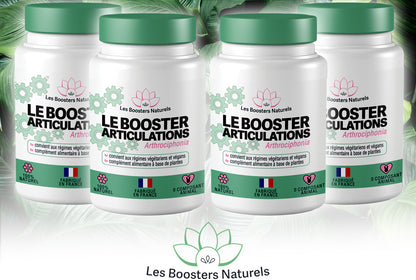 Quatre flacons du Booster Articulations des Boosters Naturels, complément alimentaire naturel et vegan, fabriqué en France, pour une cure de 3 mois avec 1 flacon offert, conçu pour soutenir les articulations et améliorer la mobilité