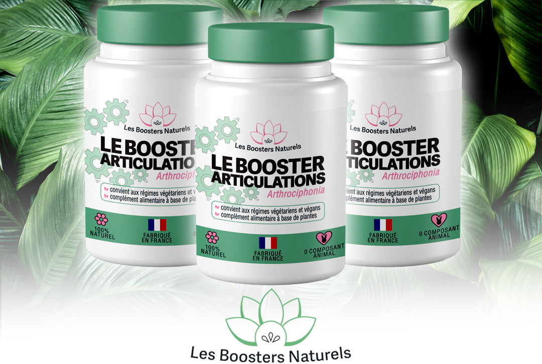 Trois flacons du Booster Articulations des Boosters Naturels, complément alimentaire naturel et vegan, fabriqué en France, conçu pour une cure de 3 mois afin de renforcer la mobilité, soutenir les articulations et préserver la souplesse articulaire