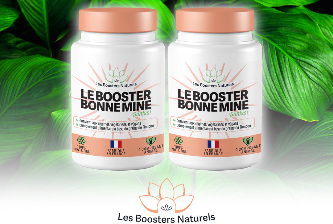 Deux flacons du Booster Bonne Mine des Boosters Naturels, complément alimentaire fabriqué en France, naturel et vegan, idéal pour une cure de 2 mois. Apporte un teint lumineux et hâlé tout en hydratant et nourrissant la peau de façon naturelle