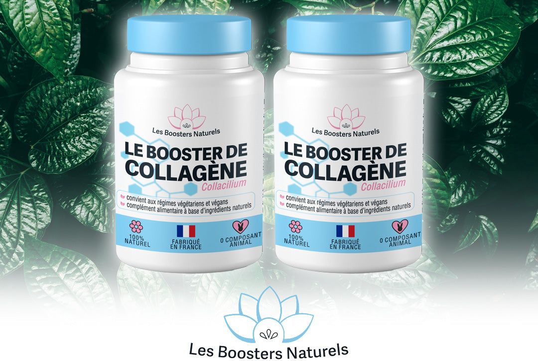 Deux flacons du Booster de Collagène des Boosters Naturels, complément alimentaire fabriqué en France, naturel et vegan, idéal pour une cure de 2 mois, visant à hydrater la peau, renforcer les cheveux et les ongles, et atténuer les rides grâce à sa formule riche en collagène