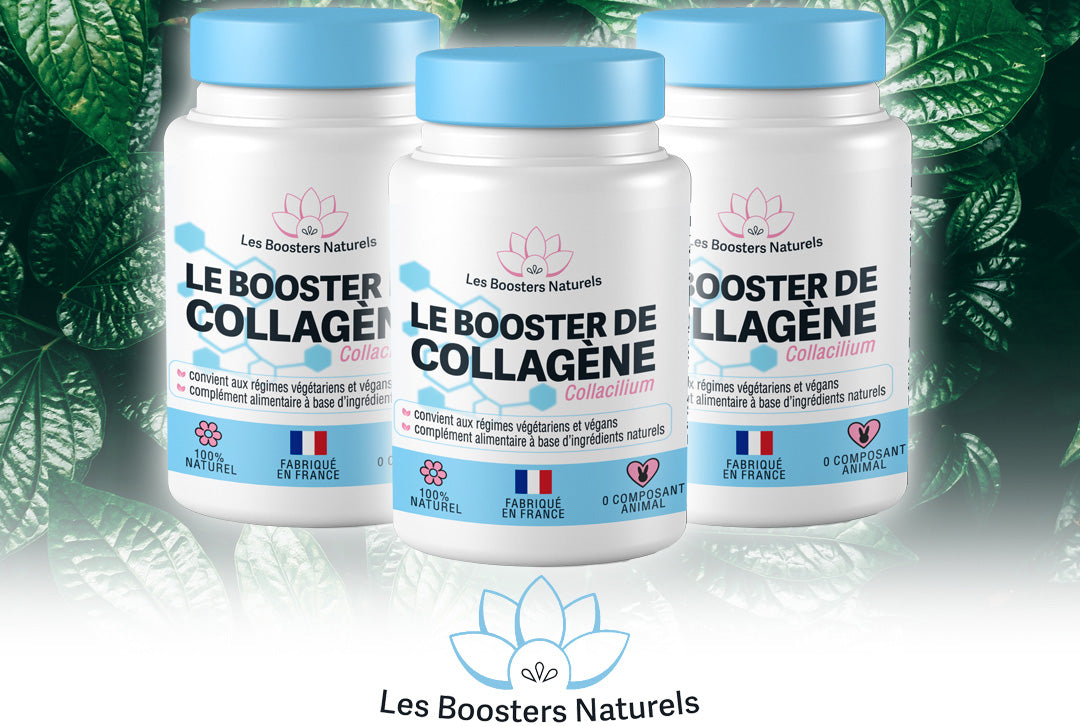 Trois flacons du Booster de Collagène des Boosters Naturels, complément alimentaire fabriqué en France, naturel et vegan, parfait pour une cure de 3 mois, visant à hydrater la peau, renforcer les cheveux et les ongles, et réduire les rides grâce à sa formule riche en collagène