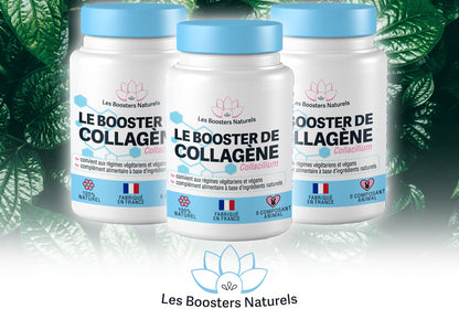 Trois flacons du Booster de Collagène des Boosters Naturels, complément alimentaire fabriqué en France, naturel et vegan, parfait pour une cure de 3 mois, visant à hydrater la peau, renforcer les cheveux et les ongles, et réduire les rides grâce à sa formule riche en collagène