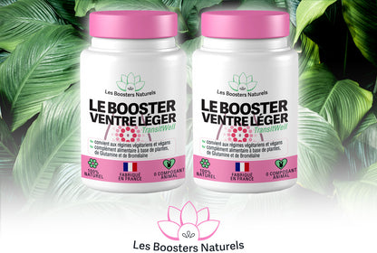 Deux flacons du Booster Ventre Léger des Boosters Naturels, complément alimentaire naturel et vegan, fabriqué en France, idéal pour une cure de 2 mois visant à favoriser la digestion et soulager les sensations de lourdeur