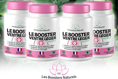 Quatre flacons du Booster Ventre Léger des Boosters Naturels, complément alimentaire naturel et vegan, fabriqué en France, pour une cure de 3 mois avec 1 flacon offert, idéal pour améliorer le confort digestif et réduire les ballonnements naturellement