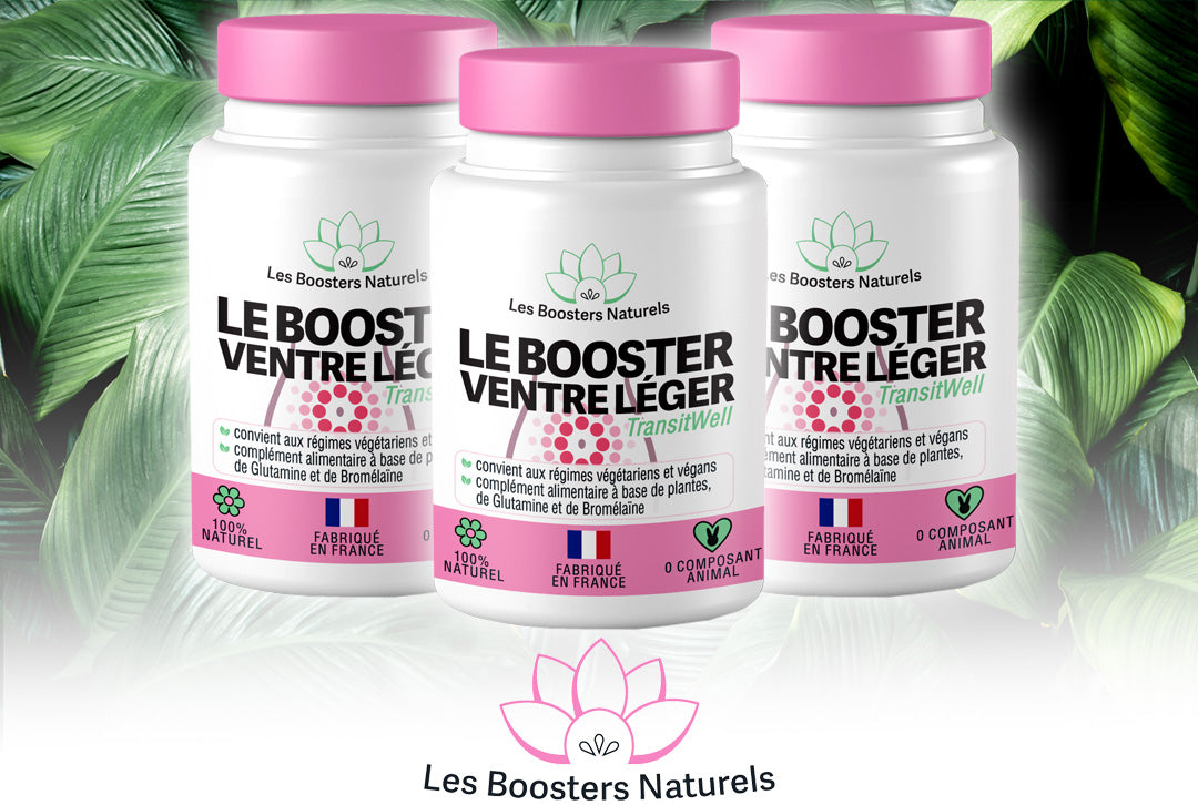 Trois flacons du Booster Ventre Léger des Boosters Naturels, complément alimentaire naturel et vegan, fabriqué en France, parfait pour une cure de 3 mois pour rééquilibrer le confort digestif et réduire durablement les ballonnements