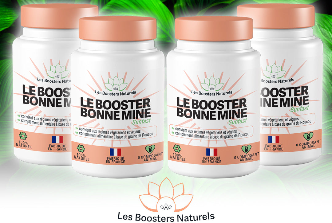 Quatre flacons du Booster Bonne Mine des Boosters Naturels, complément alimentaire naturel et vegan, fabriqué en France, pour une cure de 3 mois avec 1 flacon offert, afin de donner un teint hâlé éclatant et nourrir la peau en profondeur