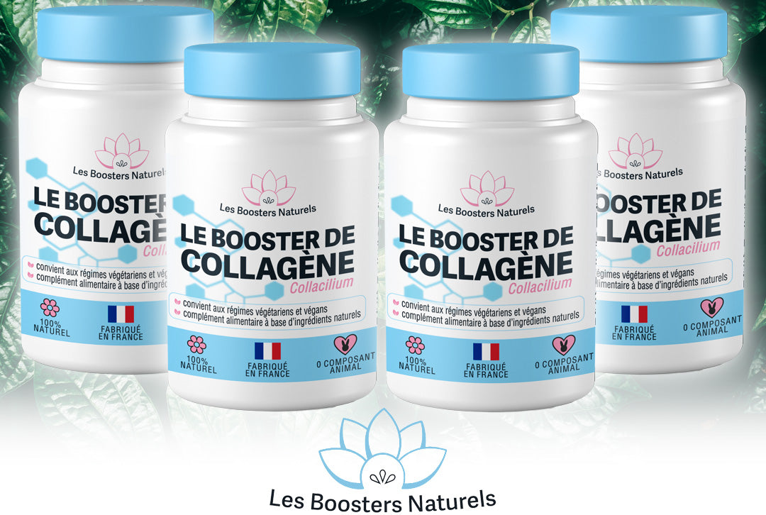 Quatre flacons du Booster Collagène des Boosters Naturels, complément alimentaire naturel et vegan, fabriqué en France, pour une cure de 3 mois avec 1 flacon offert, idéal pour hydrater la peau, renforcer les cheveux et atténuer les rides