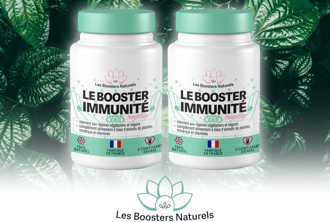 Deux flacons du Booster Immunité des Boosters Naturels, complément alimentaire naturel fabriqué en France, parfait pour une cure de 2 mois pour soutenir les défenses immunitaires et rester en forme tout l’hiver