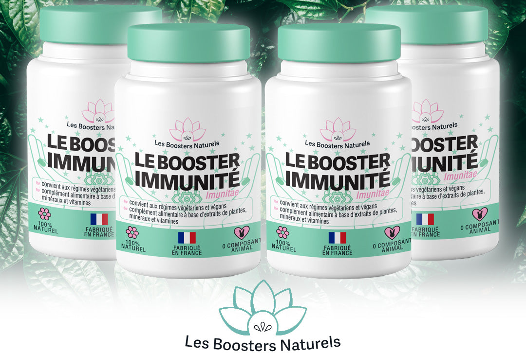 Quatre flacons du Booster Immunité des Boosters Naturels, complément alimentaire naturel et vegan, fabriqué en France, pour une cure de 3 mois avec 1 flacon offert, conçu pour renforcer les défenses immunitaires et soutenir la vitalité pendant l&