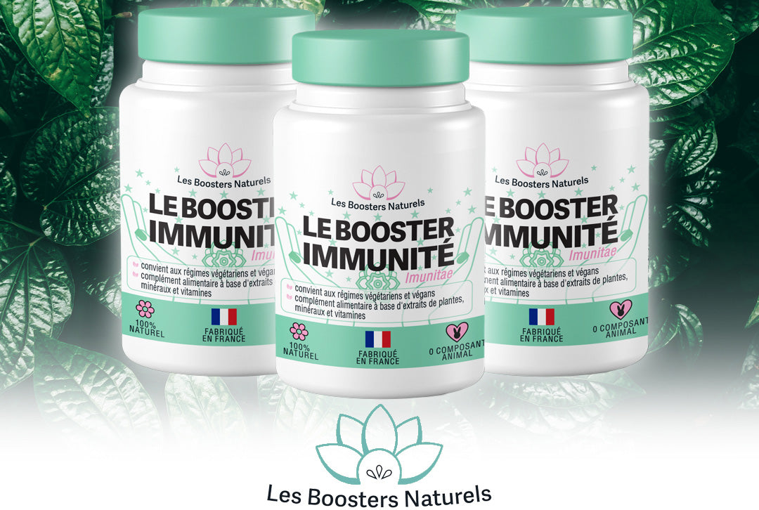 Trois flacons du Booster Immunité des Boosters Naturels, complément alimentaire naturel fabriqué en France, conçu pour une cure de 3 mois afin de renforcer l’immunité et protéger le corps tout au long de la saison hivernale